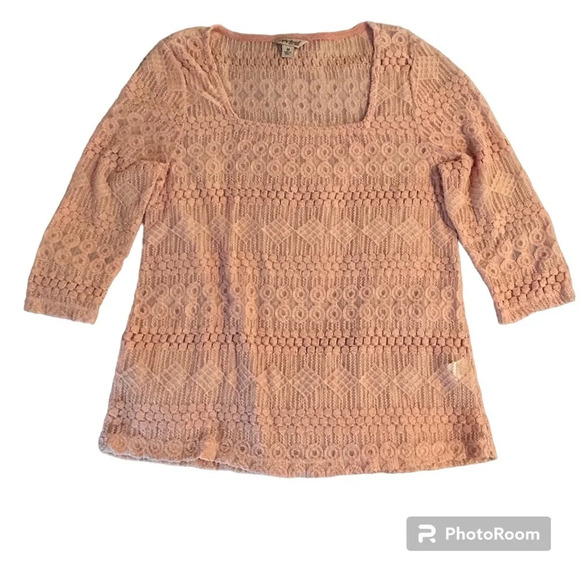 Lucky Brand Womens M Blush Pink Crochet 3/4 Sleeves Boho Top Sheer Square Neck - Picture 3 of 10